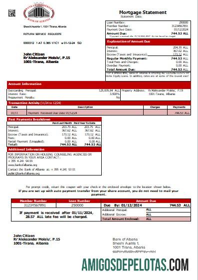 Declaração de hipoteca do Banco da Albânia Scr exemplo real